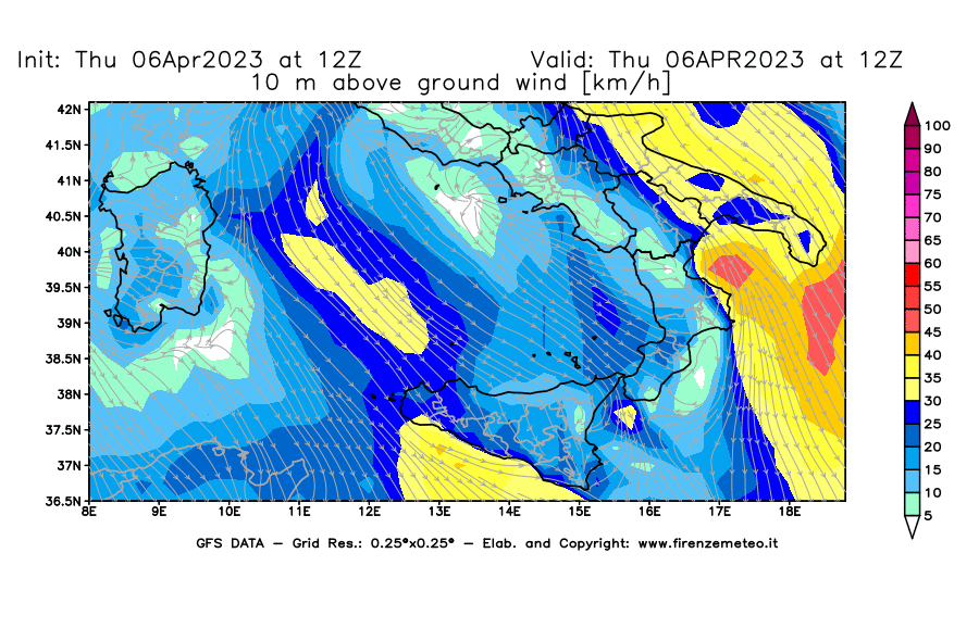 Mappa di analisi GFS - Velocità del vento a 10 metri dal suolo [km/h] in Sud-Italia
							del 06/04/2023 12 <!--googleoff: index-->UTC<!--googleon: index-->