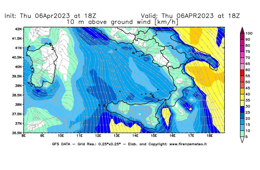 Mappa di analisi GFS - Velocità del vento a 10 metri dal suolo [km/h] in Sud-Italia
							del 06/04/2023 18 <!--googleoff: index-->UTC<!--googleon: index-->