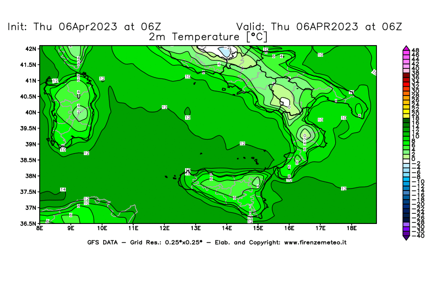 Mappa di analisi GFS - Temperatura a 2 metri dal suolo [°C] in Sud-Italia
							del 06/04/2023 06 <!--googleoff: index-->UTC<!--googleon: index-->