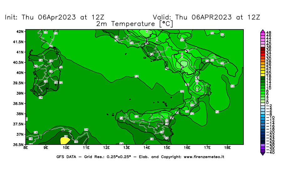 Mappa di analisi GFS - Temperatura a 2 metri dal suolo [°C] in Sud-Italia
							del 06/04/2023 12 <!--googleoff: index-->UTC<!--googleon: index-->