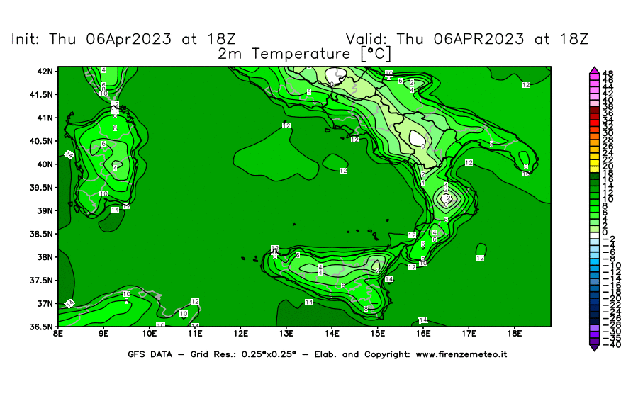 Mappa di analisi GFS - Temperatura a 2 metri dal suolo [°C] in Sud-Italia
							del 06/04/2023 18 <!--googleoff: index-->UTC<!--googleon: index-->