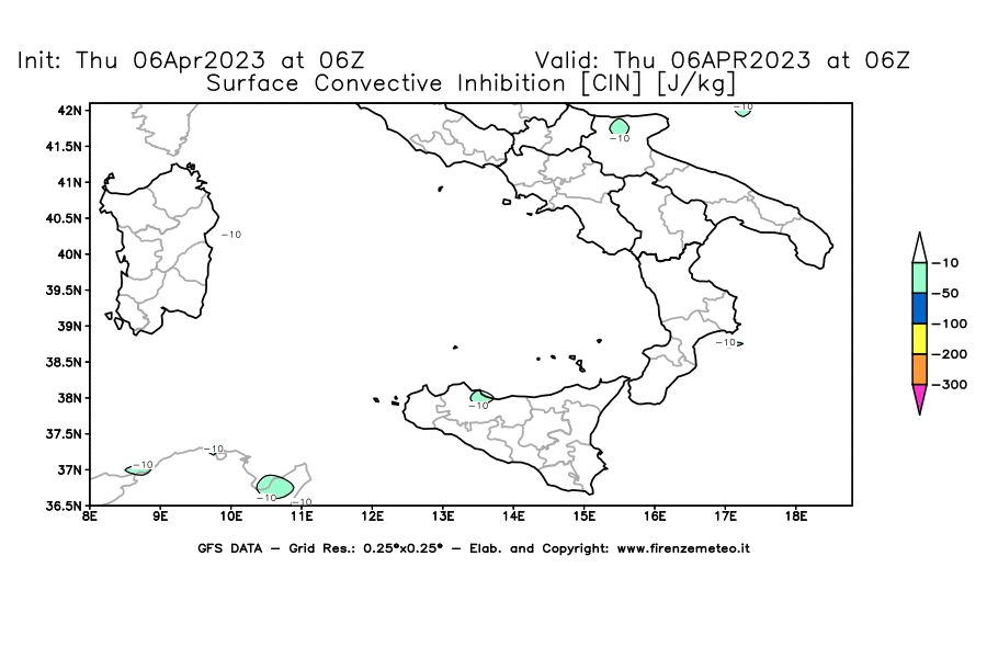 Mappa di analisi GFS - CIN [J/kg] in Sud-Italia
							del 06/04/2023 06 <!--googleoff: index-->UTC<!--googleon: index-->