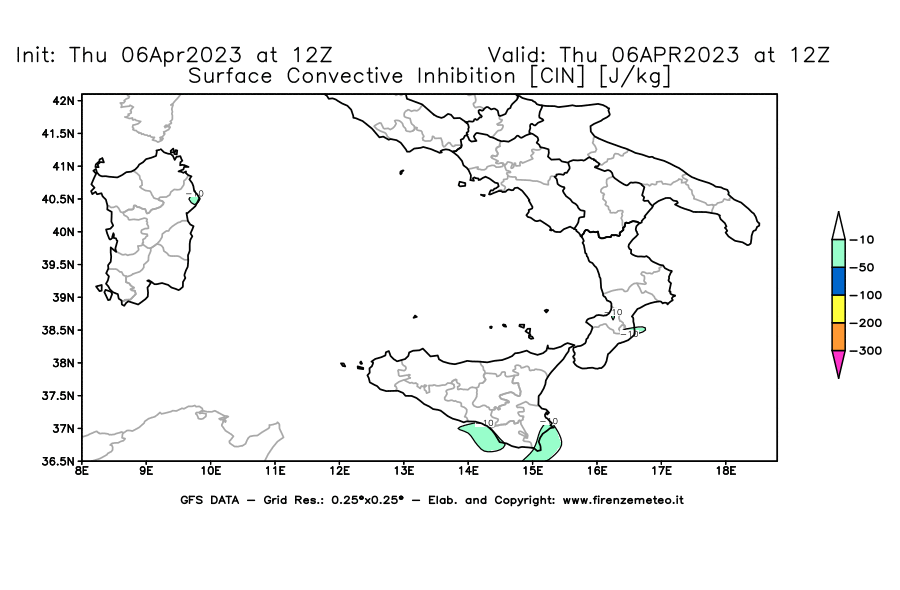 Mappa di analisi GFS - CIN [J/kg] in Sud-Italia
							del 06/04/2023 12 <!--googleoff: index-->UTC<!--googleon: index-->