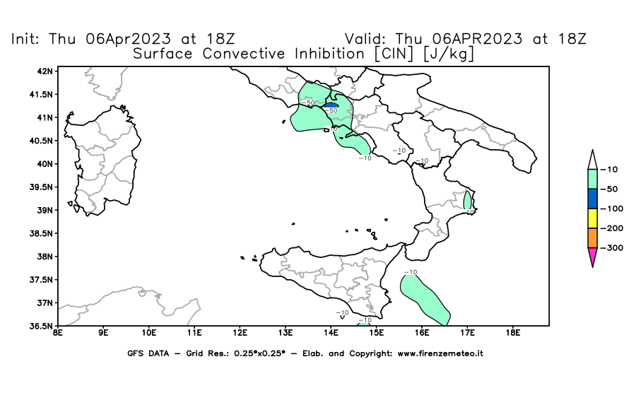 Mappa di analisi GFS - CIN [J/kg] in Sud-Italia
							del 06/04/2023 18 <!--googleoff: index-->UTC<!--googleon: index-->