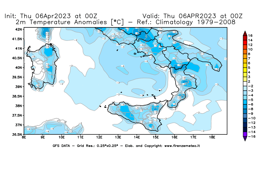 Mappa di analisi GFS - Anomalia Temperatura [°C] a 2 m in Sud-Italia
							del 06/04/2023 00 <!--googleoff: index-->UTC<!--googleon: index-->