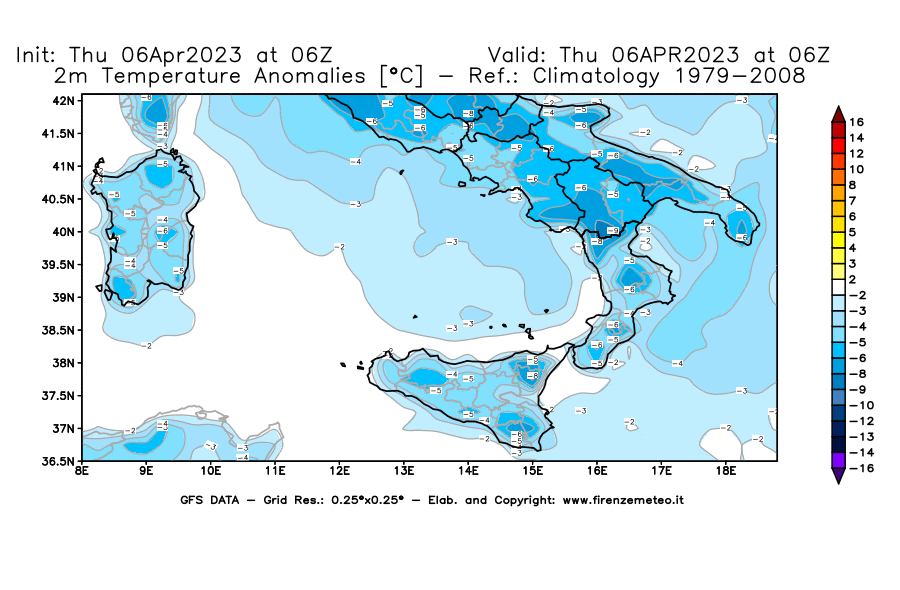Mappa di analisi GFS - Anomalia Temperatura [°C] a 2 m in Sud-Italia
							del 06/04/2023 06 <!--googleoff: index-->UTC<!--googleon: index-->