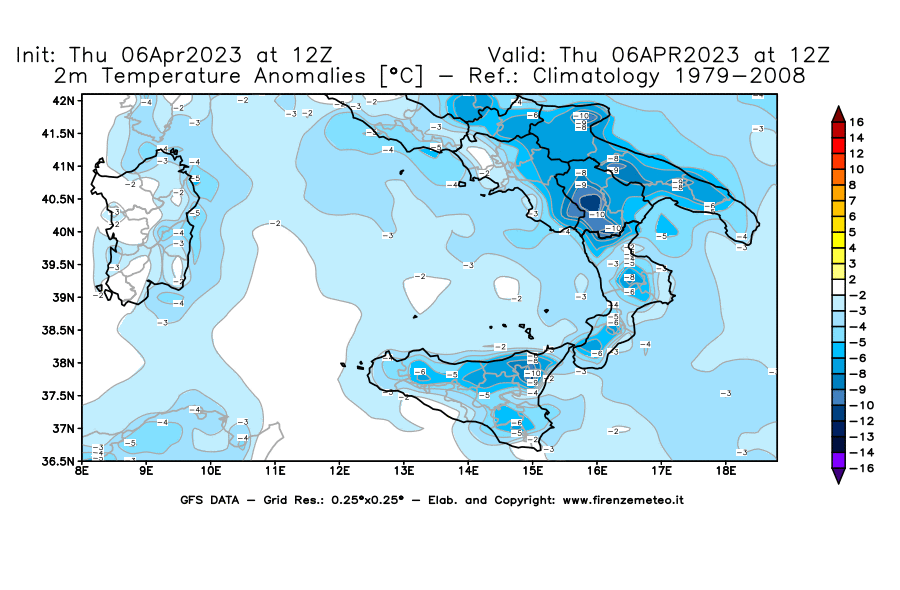 Mappa di analisi GFS - Anomalia Temperatura [°C] a 2 m in Sud-Italia
							del 06/04/2023 12 <!--googleoff: index-->UTC<!--googleon: index-->