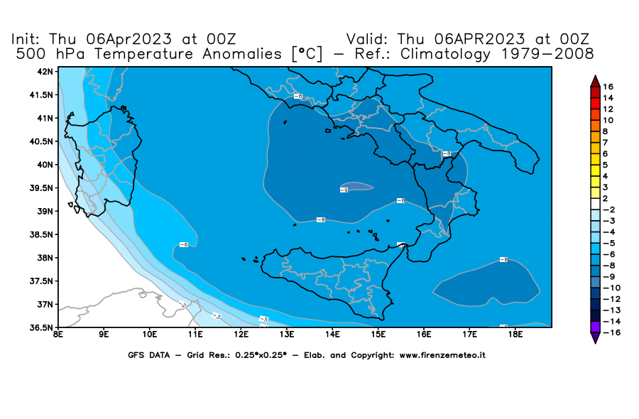 Mappa di analisi GFS - Anomalia Temperatura [°C] a 500 hPa in Sud-Italia
							del 06/04/2023 00 <!--googleoff: index-->UTC<!--googleon: index-->