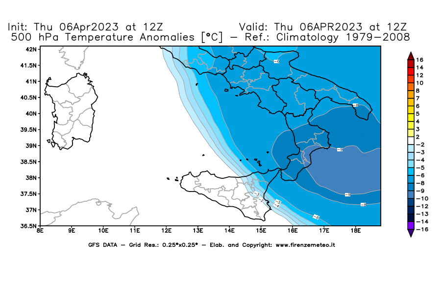 Mappa di analisi GFS - Anomalia Temperatura [°C] a 500 hPa in Sud-Italia
							del 06/04/2023 12 <!--googleoff: index-->UTC<!--googleon: index-->