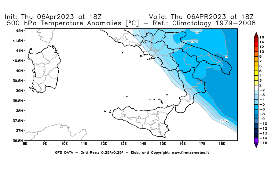 Mappa di analisi GFS - Anomalia Temperatura [°C] a 500 hPa in Sud-Italia
							del 06/04/2023 18 <!--googleoff: index-->UTC<!--googleon: index-->