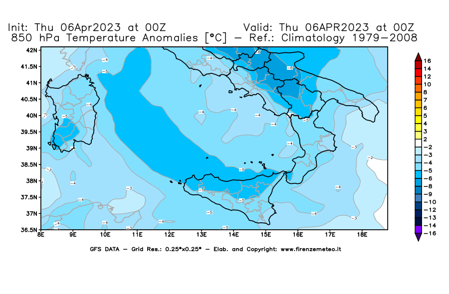 Mappa di analisi GFS - Anomalia Temperatura [°C] a 850 hPa in Sud-Italia
							del 06/04/2023 00 <!--googleoff: index-->UTC<!--googleon: index-->