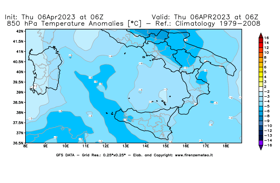 Mappa di analisi GFS - Anomalia Temperatura [°C] a 850 hPa in Sud-Italia
							del 06/04/2023 06 <!--googleoff: index-->UTC<!--googleon: index-->