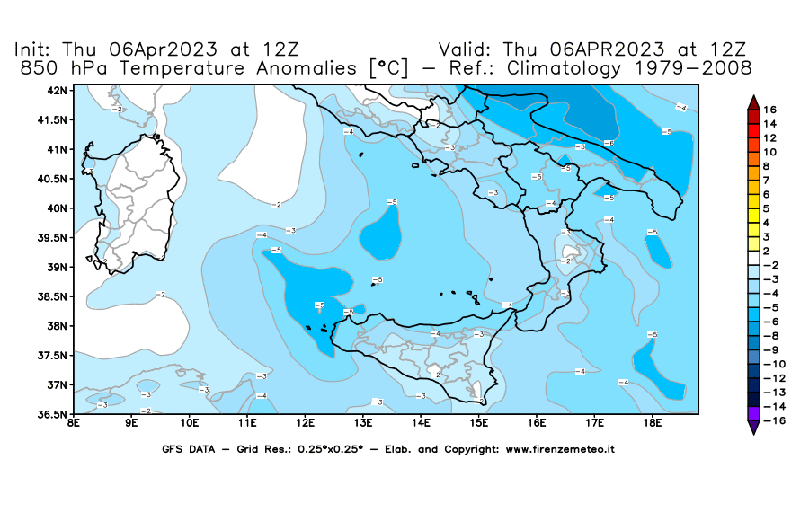Mappa di analisi GFS - Anomalia Temperatura [°C] a 850 hPa in Sud-Italia
							del 06/04/2023 12 <!--googleoff: index-->UTC<!--googleon: index-->