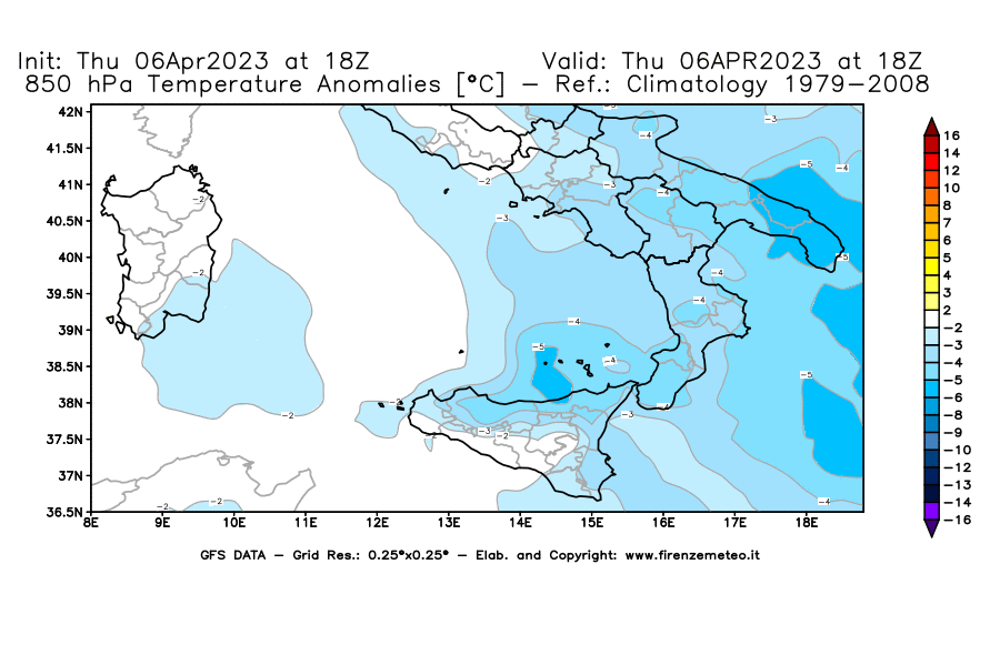 Mappa di analisi GFS - Anomalia Temperatura [°C] a 850 hPa in Sud-Italia
							del 06/04/2023 18 <!--googleoff: index-->UTC<!--googleon: index-->