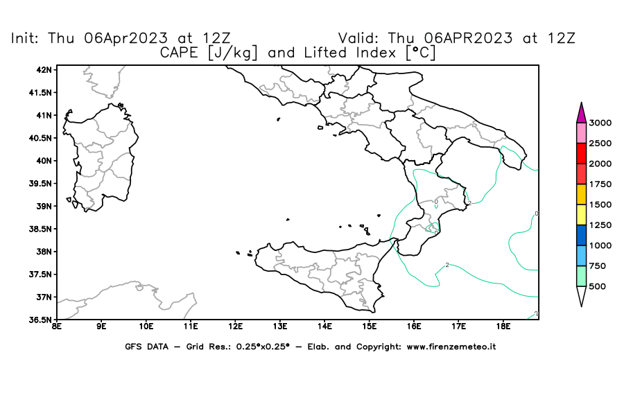 Mappa di analisi GFS - CAPE [J/kg] e Lifted Index [°C] in Sud-Italia
							del 06/04/2023 12 <!--googleoff: index-->UTC<!--googleon: index-->
