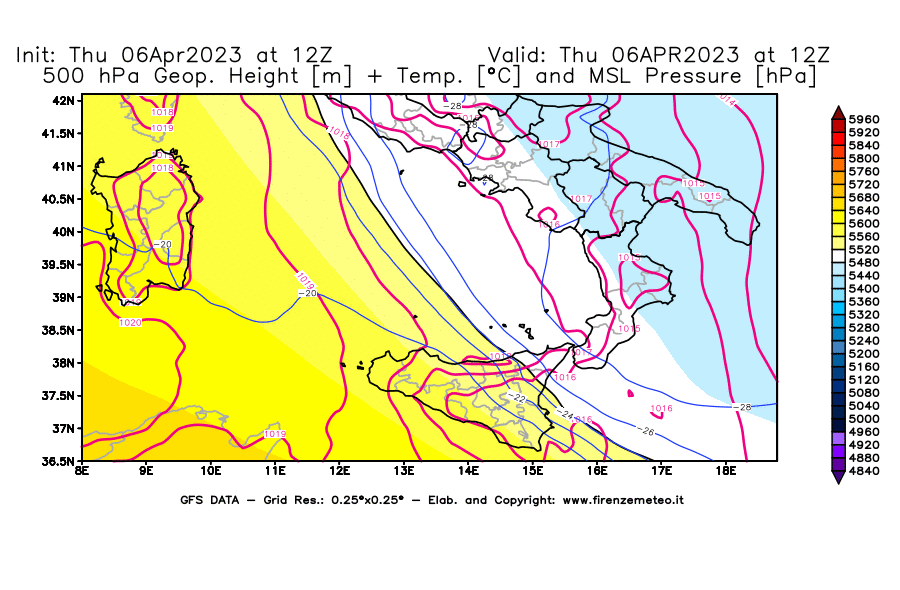 Mappa di analisi GFS - Geopotenziale [m] + Temp. [°C] a 500 hPa + Press. a livello del mare [hPa] in Sud-Italia
							del 06/04/2023 12 <!--googleoff: index-->UTC<!--googleon: index-->