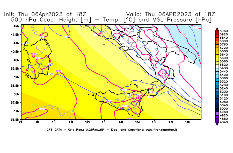 Mappa di analisi GFS - Geopotenziale [m] + Temp. [°C] a 500 hPa + Press. a livello del mare [hPa] in Sud-Italia
							del 06/04/2023 18 <!--googleoff: index-->UTC<!--googleon: index-->