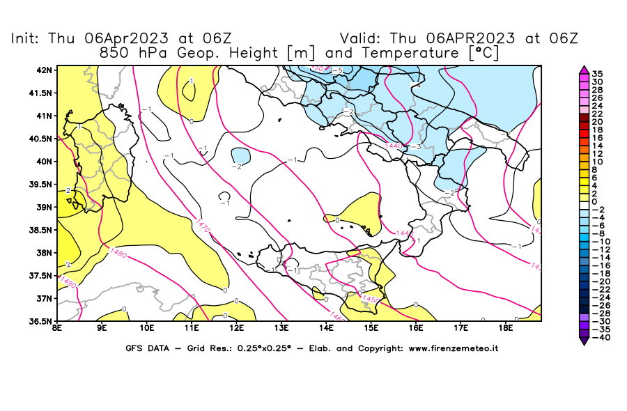 Mappa di analisi GFS - Geopotenziale [m] e Temperatura [°C] a 850 hPa in Sud-Italia
							del 06/04/2023 06 <!--googleoff: index-->UTC<!--googleon: index-->