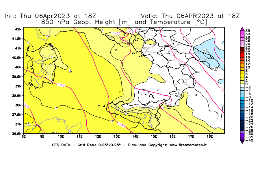 Mappa di analisi GFS - Geopotenziale [m] e Temperatura [°C] a 850 hPa in Sud-Italia
							del 06/04/2023 18 <!--googleoff: index-->UTC<!--googleon: index-->