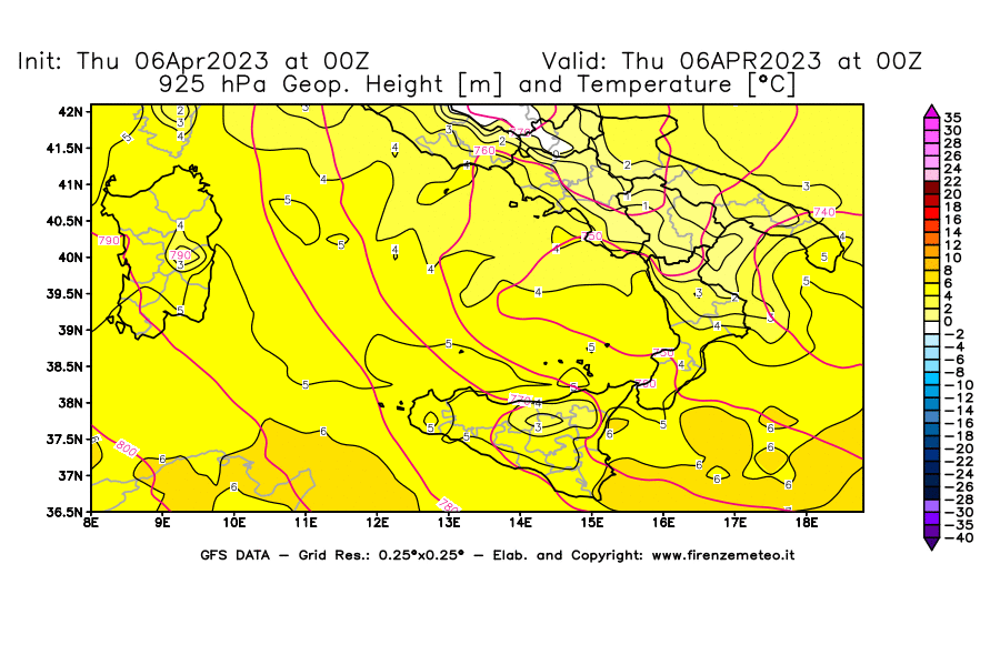 Mappa di analisi GFS - Geopotenziale [m] e Temperatura [°C] a 925 hPa in Sud-Italia
							del 06/04/2023 00 <!--googleoff: index-->UTC<!--googleon: index-->
