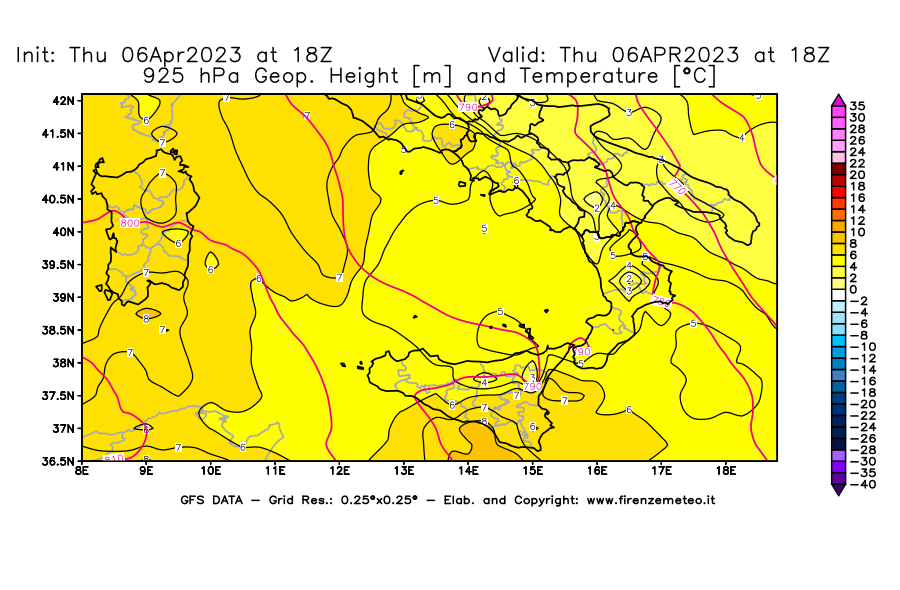 Mappa di analisi GFS - Geopotenziale [m] e Temperatura [°C] a 925 hPa in Sud-Italia
							del 06/04/2023 18 <!--googleoff: index-->UTC<!--googleon: index-->