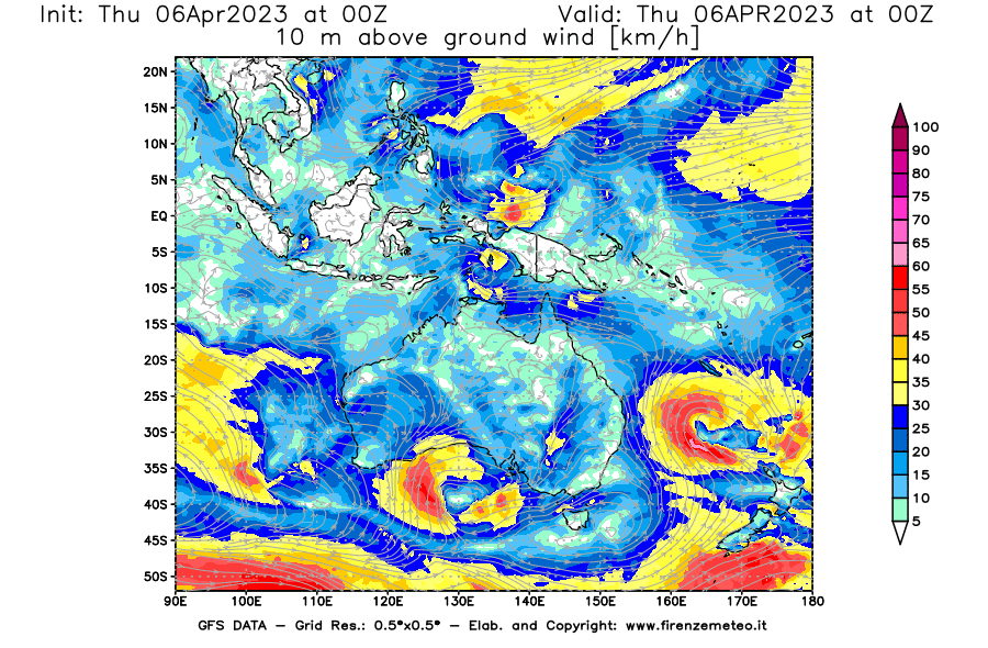 Mappa di analisi GFS - Velocità del vento a 10 metri dal suolo [km/h] in Oceania
							del 06/04/2023 00 <!--googleoff: index-->UTC<!--googleon: index-->
