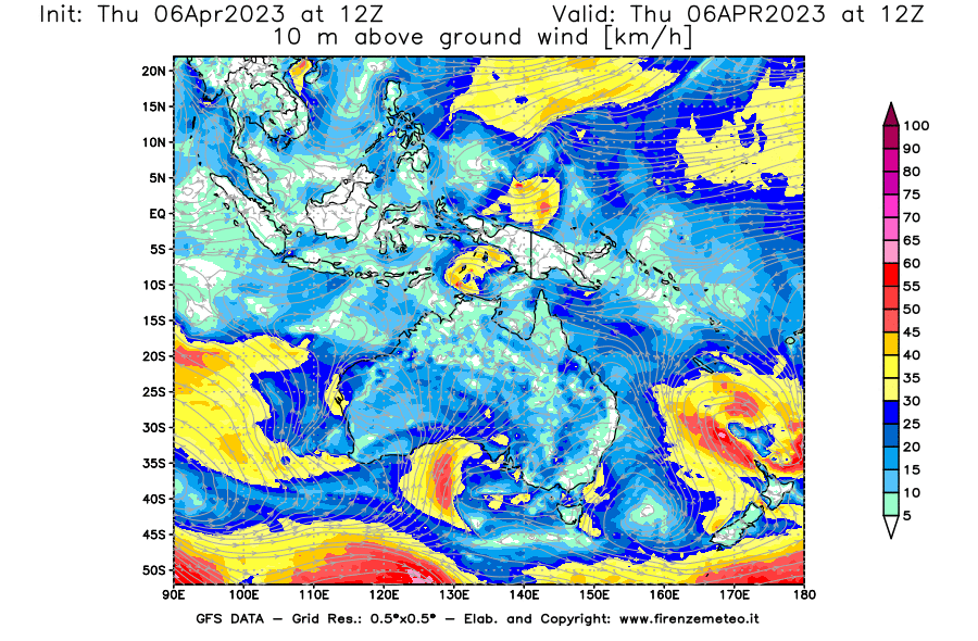 Mappa di analisi GFS - Velocità del vento a 10 metri dal suolo [km/h] in Oceania
							del 06/04/2023 12 <!--googleoff: index-->UTC<!--googleon: index-->