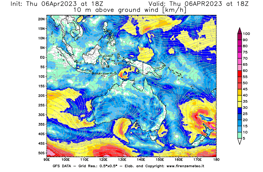 Mappa di analisi GFS - Velocità del vento a 10 metri dal suolo [km/h] in Oceania
							del 06/04/2023 18 <!--googleoff: index-->UTC<!--googleon: index-->