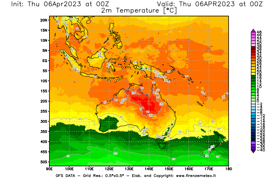 Mappa di analisi GFS - Temperatura a 2 metri dal suolo [°C] in Oceania
							del 06/04/2023 00 <!--googleoff: index-->UTC<!--googleon: index-->