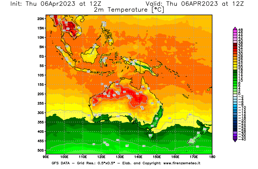 Mappa di analisi GFS - Temperatura a 2 metri dal suolo [°C] in Oceania
							del 06/04/2023 12 <!--googleoff: index-->UTC<!--googleon: index-->