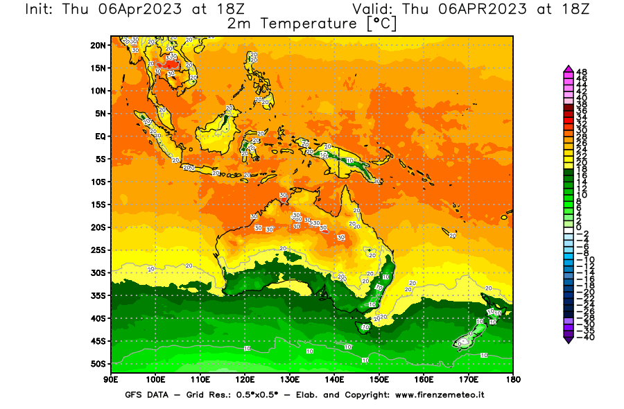 Mappa di analisi GFS - Temperatura a 2 metri dal suolo [°C] in Oceania
							del 06/04/2023 18 <!--googleoff: index-->UTC<!--googleon: index-->