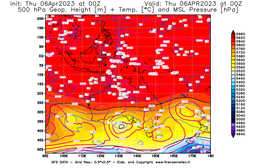 Mappa di analisi GFS - Geopotenziale [m] + Temp. [°C] a 500 hPa + Press. a livello del mare [hPa] in Oceania
							del 06/04/2023 00 <!--googleoff: index-->UTC<!--googleon: index-->