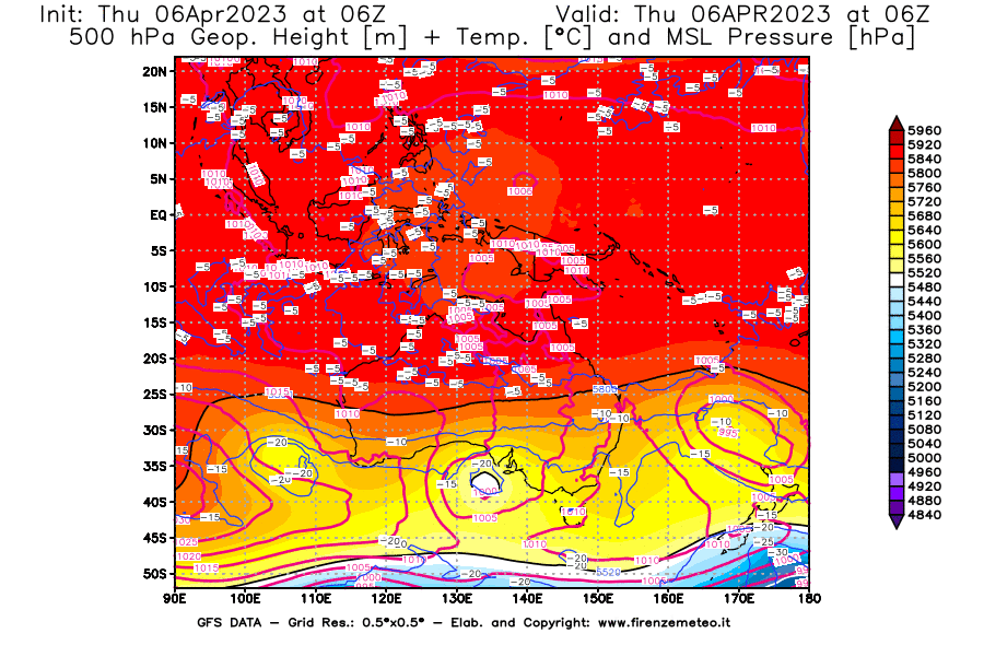 Mappa di analisi GFS - Geopotenziale [m] + Temp. [°C] a 500 hPa + Press. a livello del mare [hPa] in Oceania
							del 06/04/2023 06 <!--googleoff: index-->UTC<!--googleon: index-->