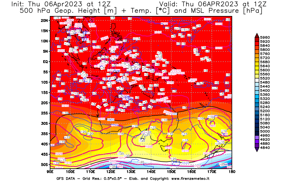 Mappa di analisi GFS - Geopotenziale [m] + Temp. [°C] a 500 hPa + Press. a livello del mare [hPa] in Oceania
							del 06/04/2023 12 <!--googleoff: index-->UTC<!--googleon: index-->