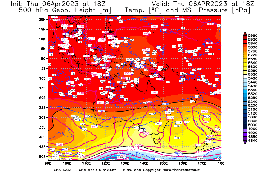 Mappa di analisi GFS - Geopotenziale [m] + Temp. [°C] a 500 hPa + Press. a livello del mare [hPa] in Oceania
							del 06/04/2023 18 <!--googleoff: index-->UTC<!--googleon: index-->