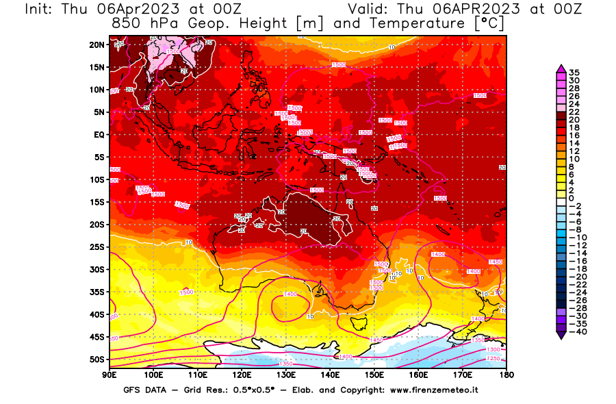 Mappa di analisi GFS - Geopotenziale [m] e Temperatura [°C] a 850 hPa in Oceania
							del 06/04/2023 00 <!--googleoff: index-->UTC<!--googleon: index-->