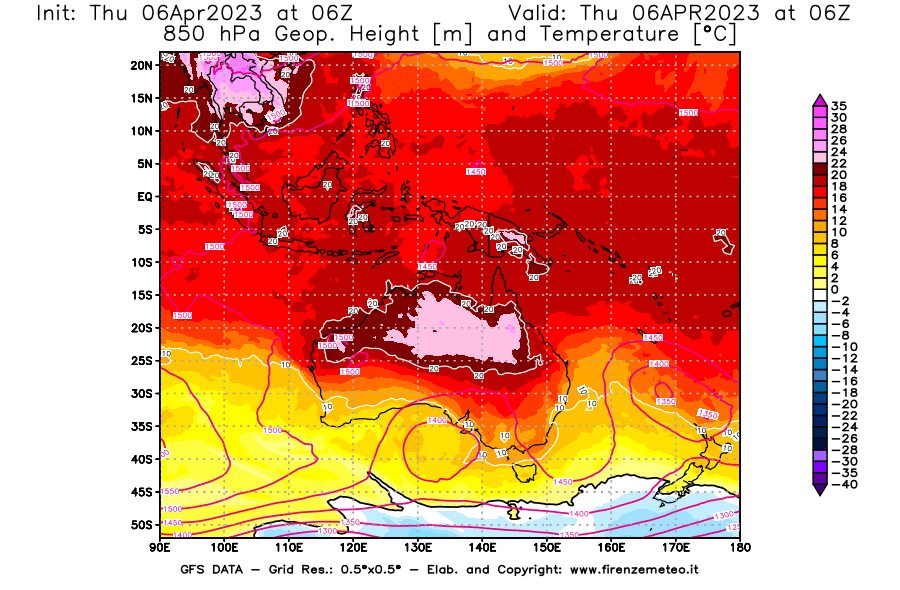 Mappa di analisi GFS - Geopotenziale [m] e Temperatura [°C] a 850 hPa in Oceania
							del 06/04/2023 06 <!--googleoff: index-->UTC<!--googleon: index-->