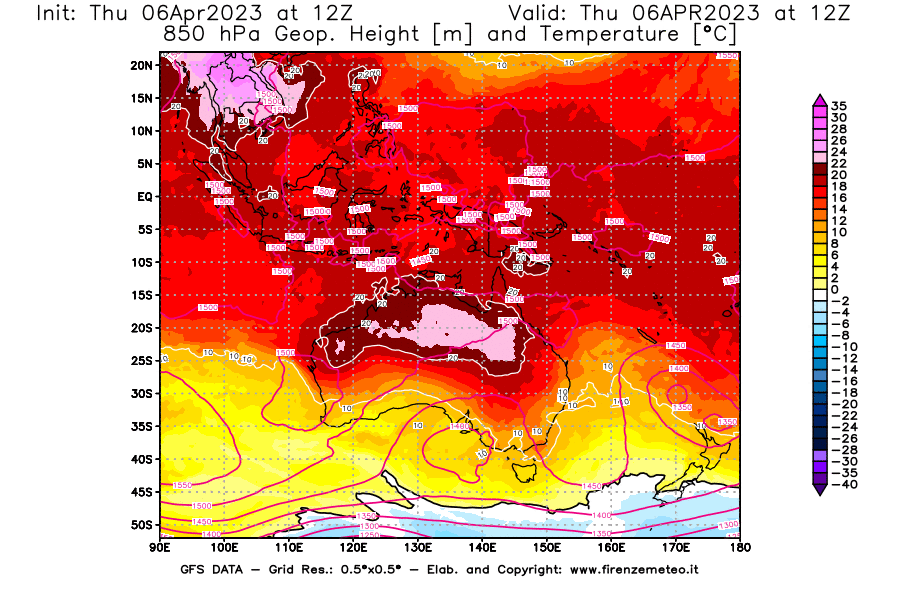 Mappa di analisi GFS - Geopotenziale [m] e Temperatura [°C] a 850 hPa in Oceania
							del 06/04/2023 12 <!--googleoff: index-->UTC<!--googleon: index-->