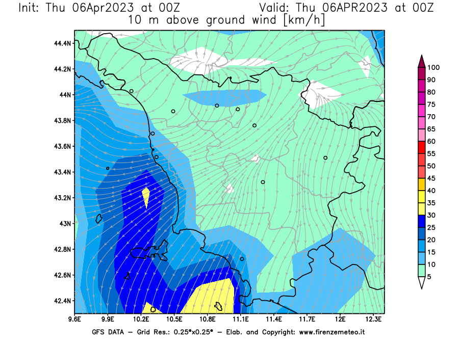 Mappa di analisi GFS - Velocità del vento a 10 metri dal suolo [km/h] in Toscana
							del 06/04/2023 00 <!--googleoff: index-->UTC<!--googleon: index-->