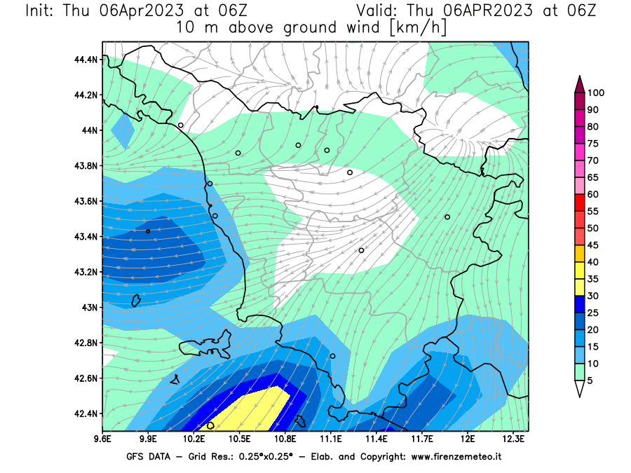 Mappa di analisi GFS - Velocità del vento a 10 metri dal suolo [km/h] in Toscana
							del 06/04/2023 06 <!--googleoff: index-->UTC<!--googleon: index-->