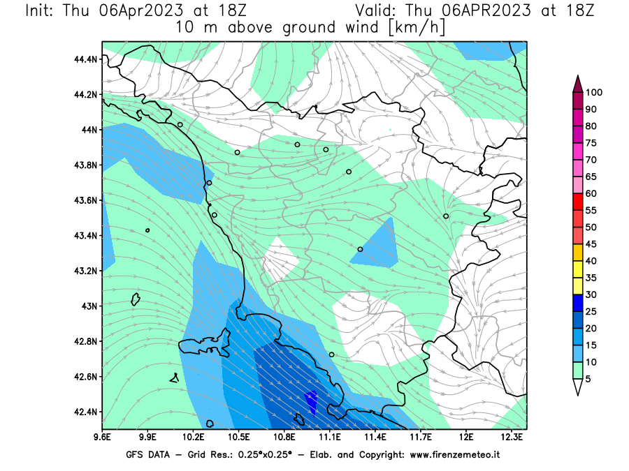 Mappa di analisi GFS - Velocità del vento a 10 metri dal suolo [km/h] in Toscana
							del 06/04/2023 18 <!--googleoff: index-->UTC<!--googleon: index-->