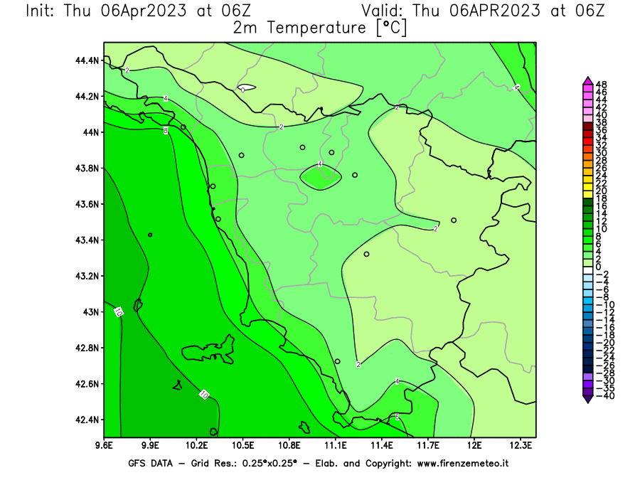 Mappa di analisi GFS - Temperatura a 2 metri dal suolo [°C] in Toscana
							del 06/04/2023 06 <!--googleoff: index-->UTC<!--googleon: index-->