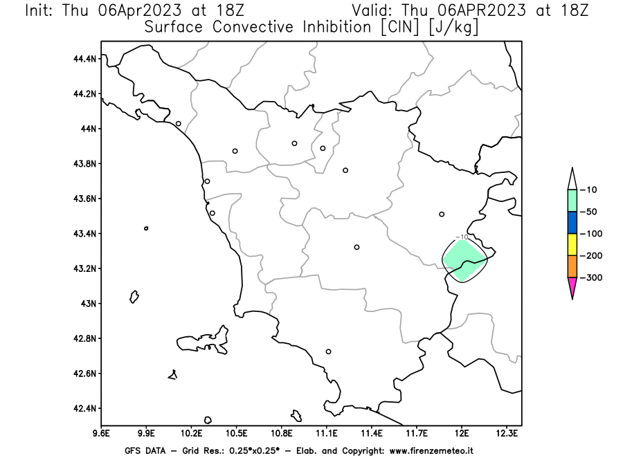 Mappa di analisi GFS - CIN [J/kg] in Toscana
							del 06/04/2023 18 <!--googleoff: index-->UTC<!--googleon: index-->