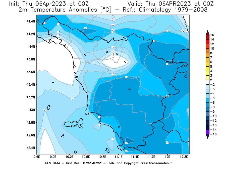 Mappa di analisi GFS - Anomalia Temperatura [°C] a 2 m in Toscana
							del 06/04/2023 00 <!--googleoff: index-->UTC<!--googleon: index-->