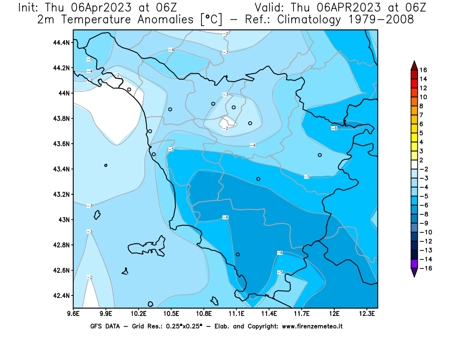 Mappa di analisi GFS - Anomalia Temperatura [°C] a 2 m in Toscana
							del 06/04/2023 06 <!--googleoff: index-->UTC<!--googleon: index-->