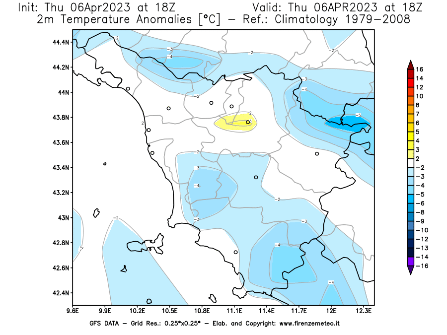 Mappa di analisi GFS - Anomalia Temperatura [°C] a 2 m in Toscana
							del 06/04/2023 18 <!--googleoff: index-->UTC<!--googleon: index-->