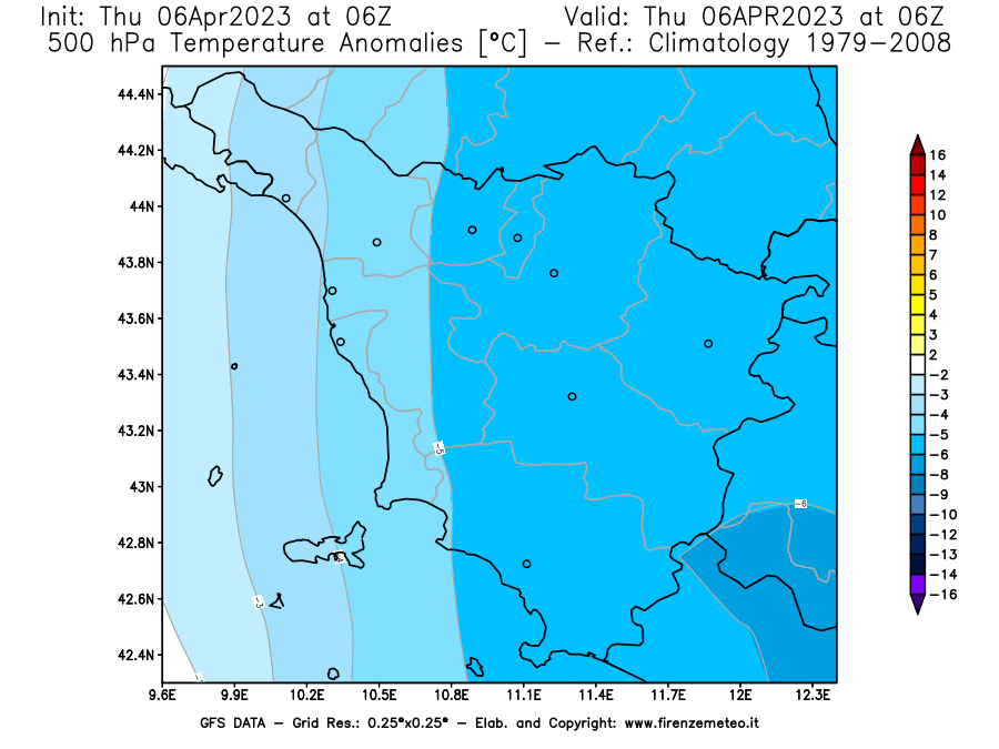 Mappa di analisi GFS - Anomalia Temperatura [°C] a 500 hPa in Toscana
							del 06/04/2023 06 <!--googleoff: index-->UTC<!--googleon: index-->
