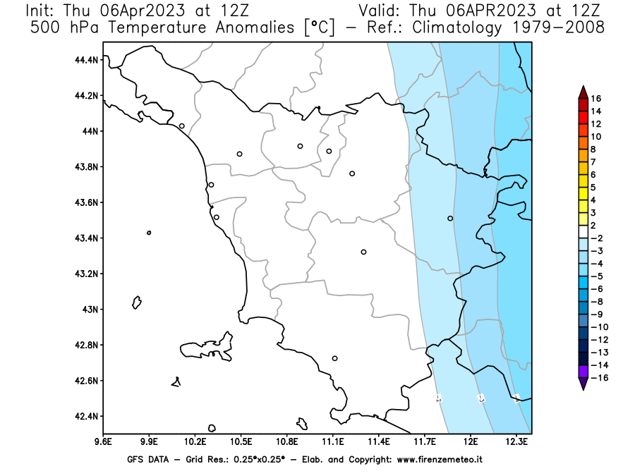 Mappa di analisi GFS - Anomalia Temperatura [°C] a 500 hPa in Toscana
							del 06/04/2023 12 <!--googleoff: index-->UTC<!--googleon: index-->