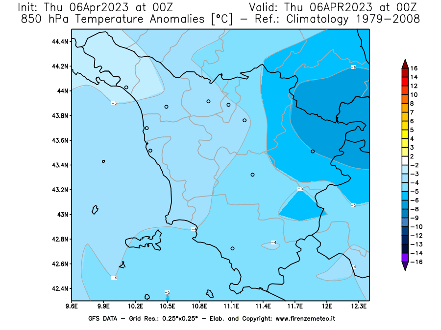 Mappa di analisi GFS - Anomalia Temperatura [°C] a 850 hPa in Toscana
							del 06/04/2023 00 <!--googleoff: index-->UTC<!--googleon: index-->