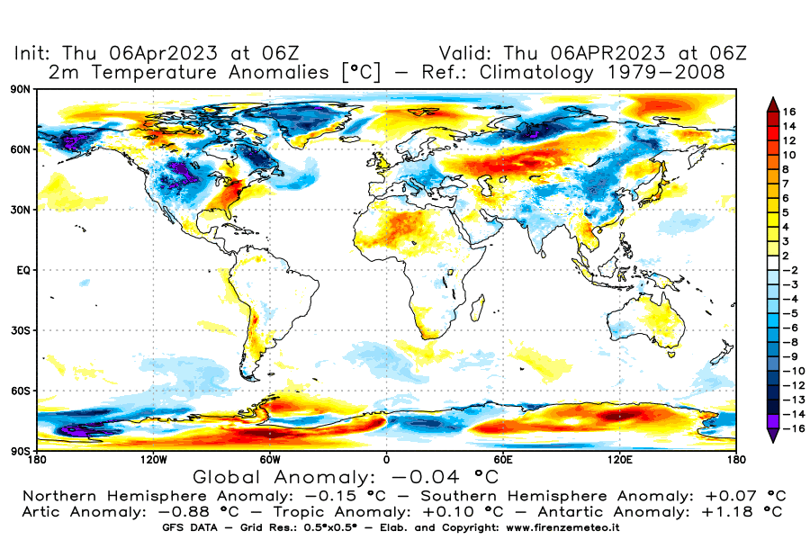Mappa di analisi GFS - Anomalia Temperatura [°C] a 2 m in World
							del 06/04/2023 06 <!--googleoff: index-->UTC<!--googleon: index-->